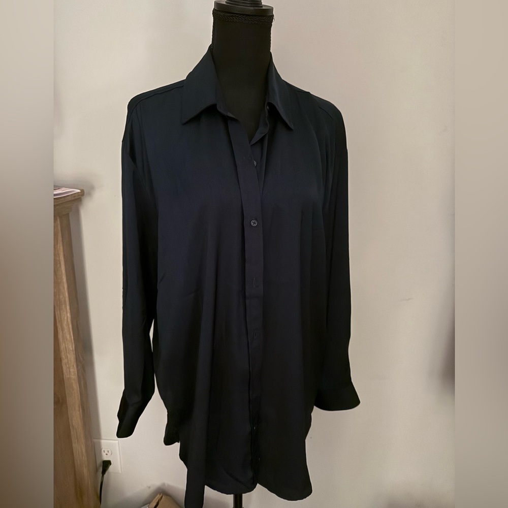 NWT beautiful silky Navy blue top with long sleeves. Meant to be oversized. - Picture 2 of 2